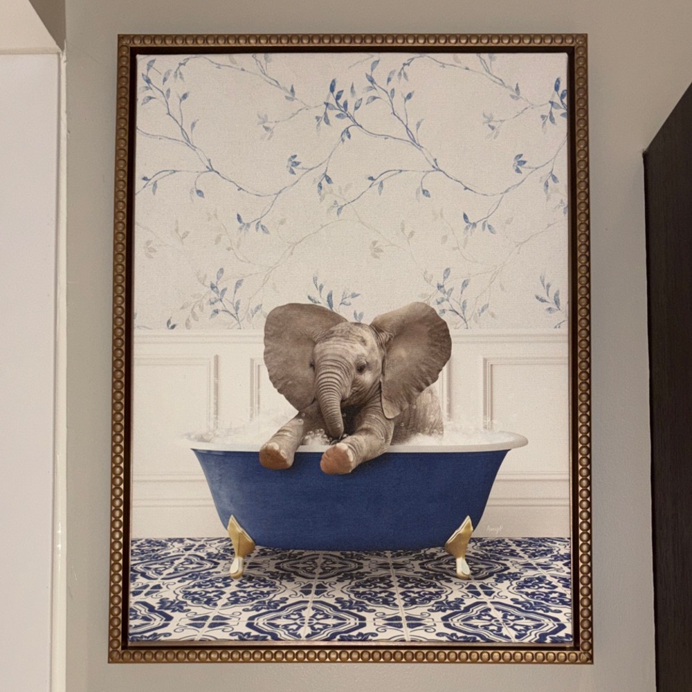 Elephant in Bathtub Wall Art - Blue and Gray